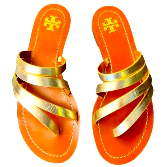 TORY BURCH sz 7 strappy, gold gladiator sandals preowned - Picture 1 of 5